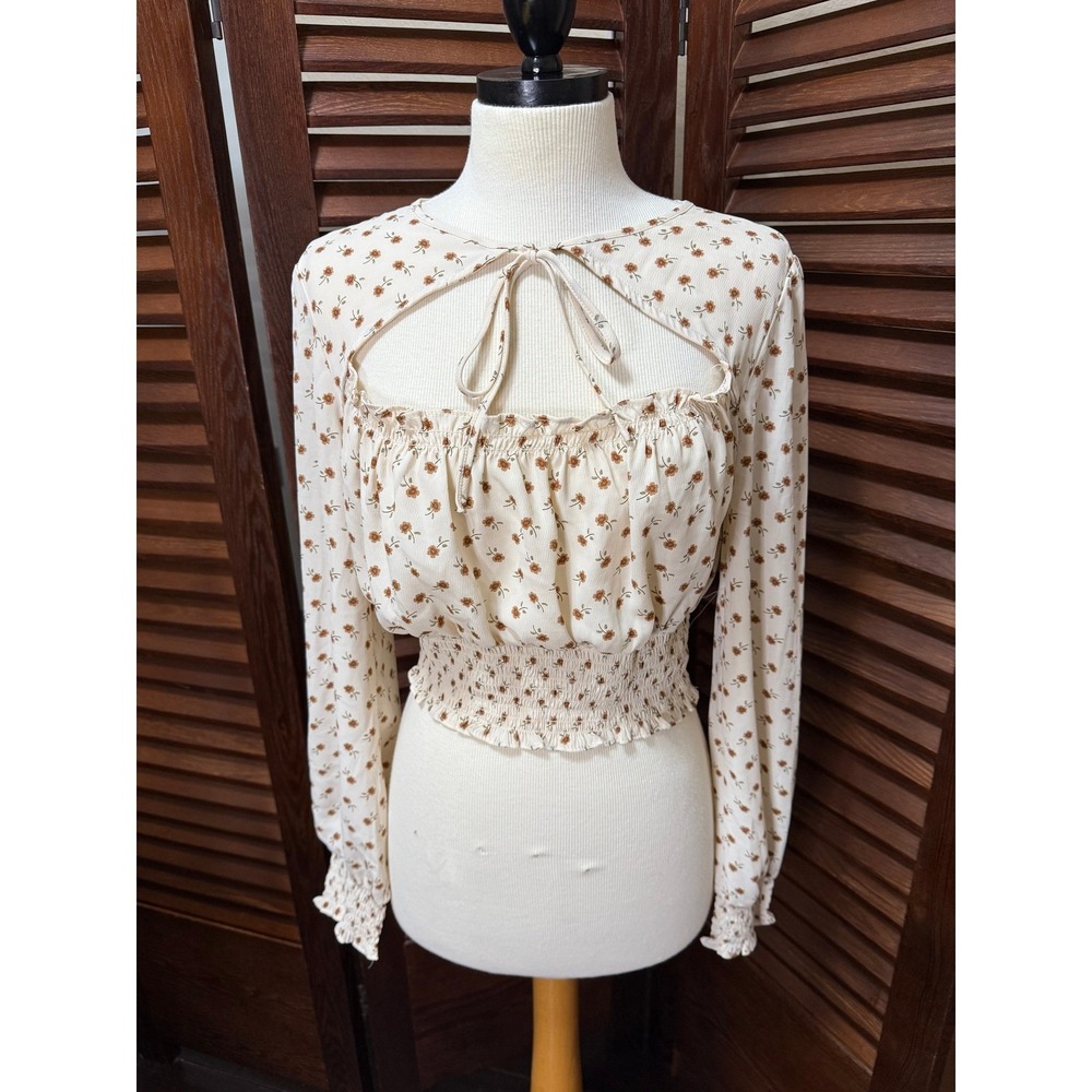Forever 21 Floral Cutout Tie Neck Smocked Waist Long Sleeve Crop Top Women's M